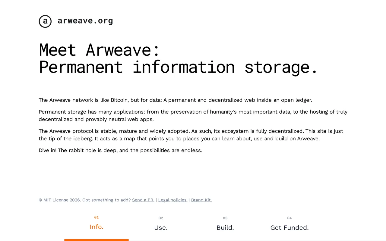 Página de inicio de arweave.org, el sitio oficial de Arweave, tal como se veía el 25 de septiembre de 2026