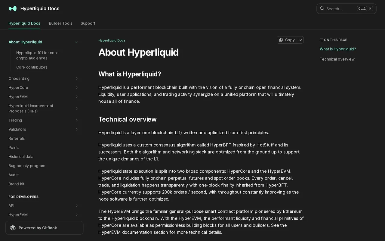 The documentation of Hyperliquid on hyperliquid.gitbook.io, as displayed on 26 September 2026