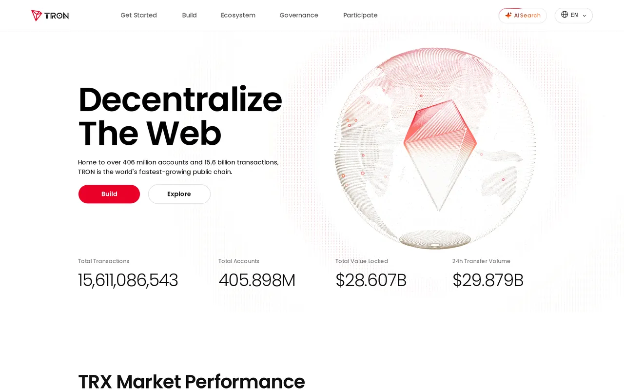 Home page of tron.network, the official site of TRON, as displayed on 25 September 2026