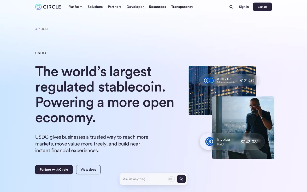 Home page of circle.com, the official site of USDC, as displayed on 25 September 2026